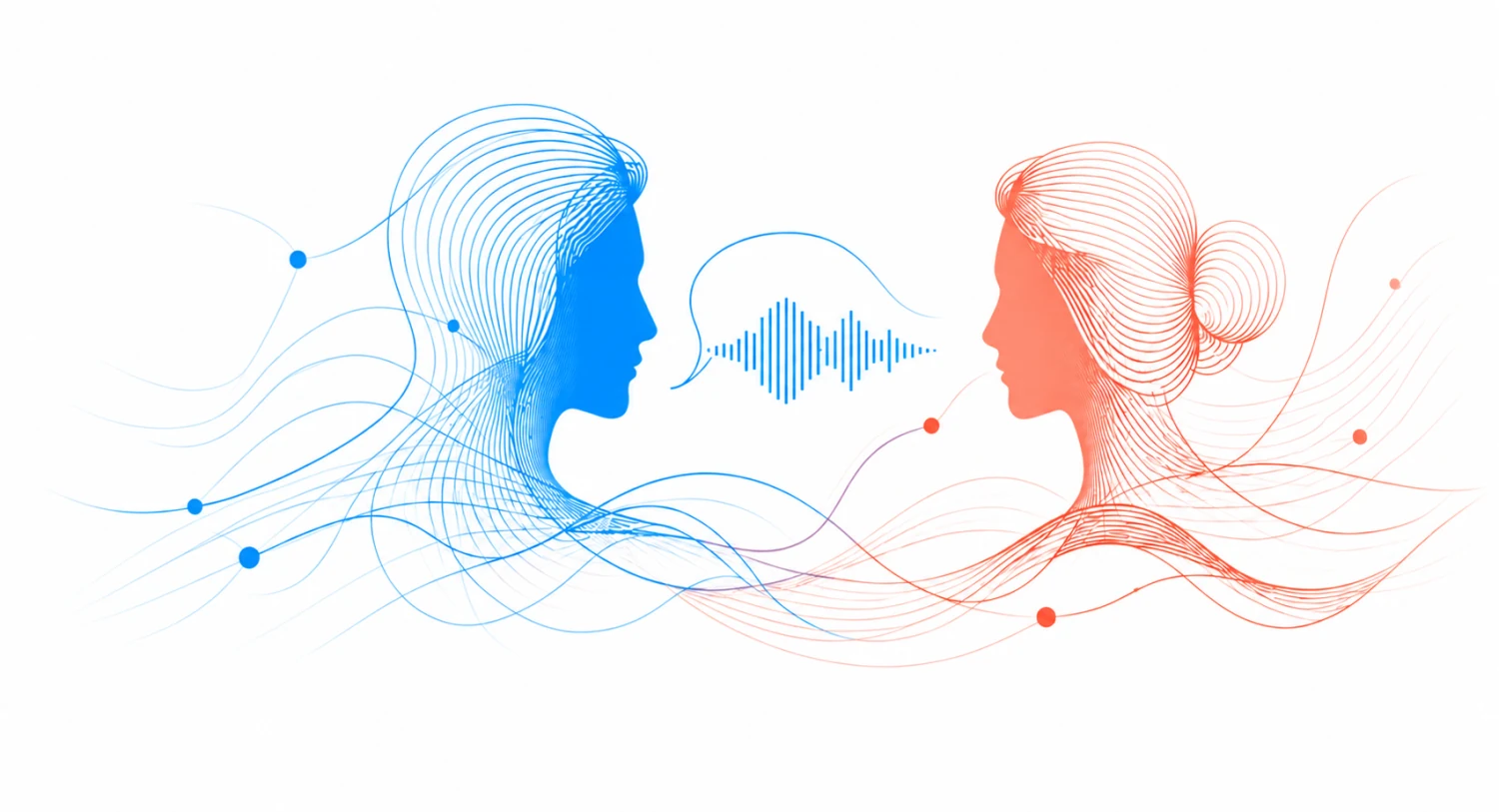 Two people connected by flowing conversation lines.
